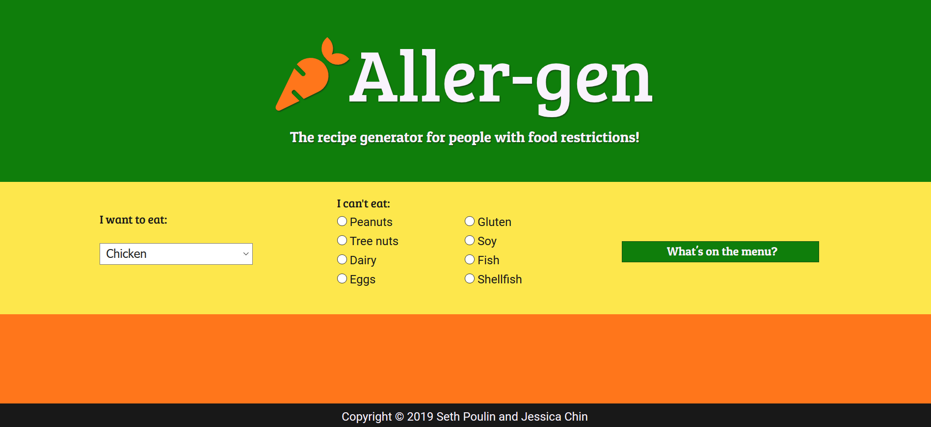 A screenshot of a recipe generator app called Aller-Gen